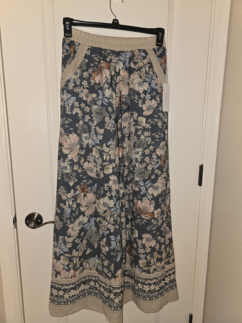 Sienna Sky Floral Wide-Leg Pants in Navy with Blush & Cream Accents